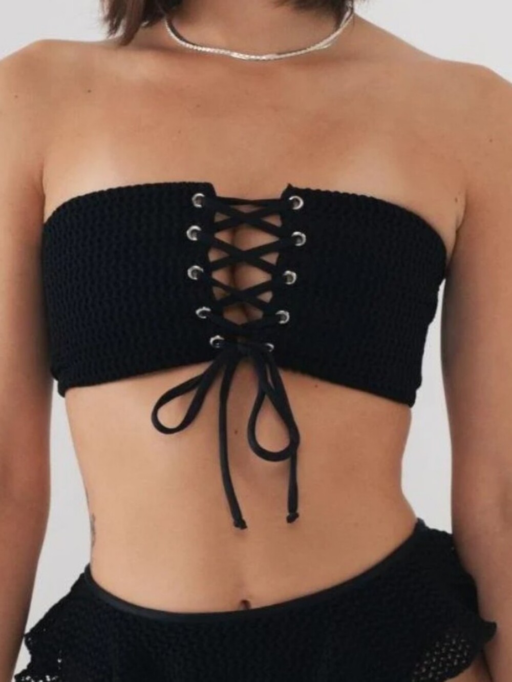 NEW Montce Crochet Corset lace-up strapless bandeau Bikini Top Large